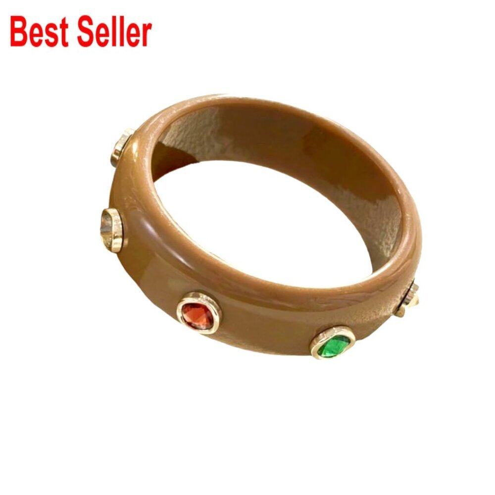Chunky Acetate Bangle with Marble Veining & Colored Gemstones - Statement Cuff